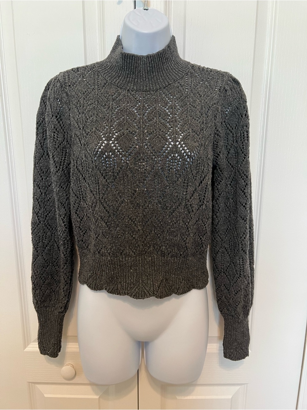 Marled Charcoal Gray Openwork Mock Neck Sweater